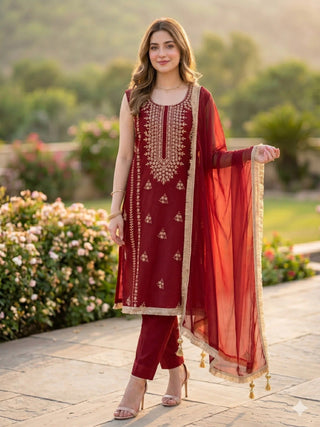 Maroon Savarna Cotton Embroidered Stitched 3 Piece Suit Maroon Red