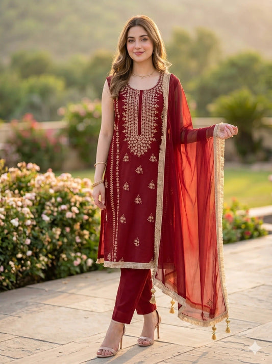 Maroon Savarna Cotton Embroidered Stitched 3-Piece Suit-Maroon Red