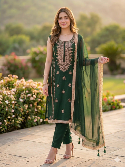 Green Savarna Cotton Embroidered Stitched 3-Piece Suit-Emerald Green