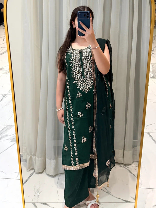 Green Savarna Cotton Embroidered Stitched 3-Piece Suit-Emerald Green
