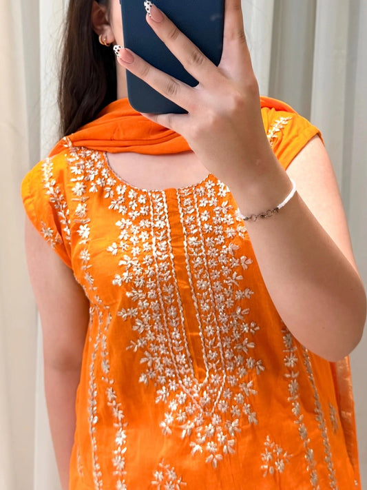 Orange Savarna Cotton Embroidered Stitched 3-Piece Suit-Orange