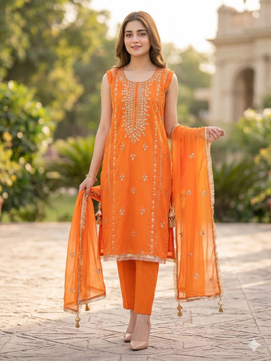 Orange Savarna Cotton Embroidered Stitched 3-Piece Suit-Orange