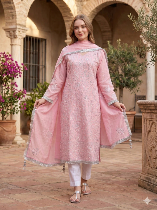 Pink White Savarna Khaadi Lawn Embroidered Stitched 3-Piece Suit-Pink