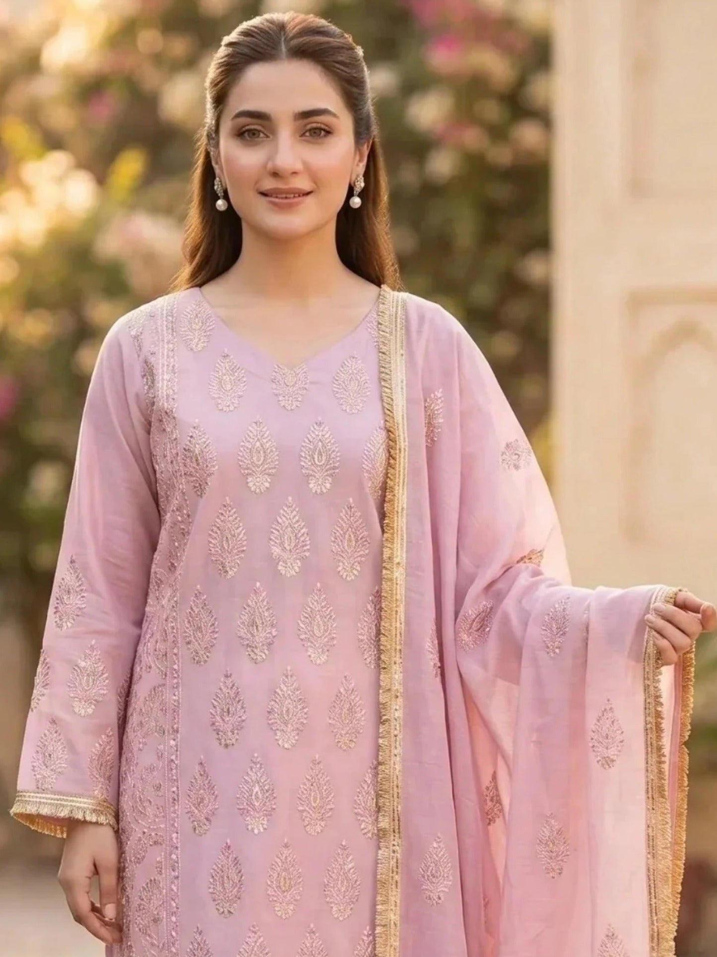 Pink Savarna Khaadi Lawn Embroidered Stitched 3-Piece Suit-Pink