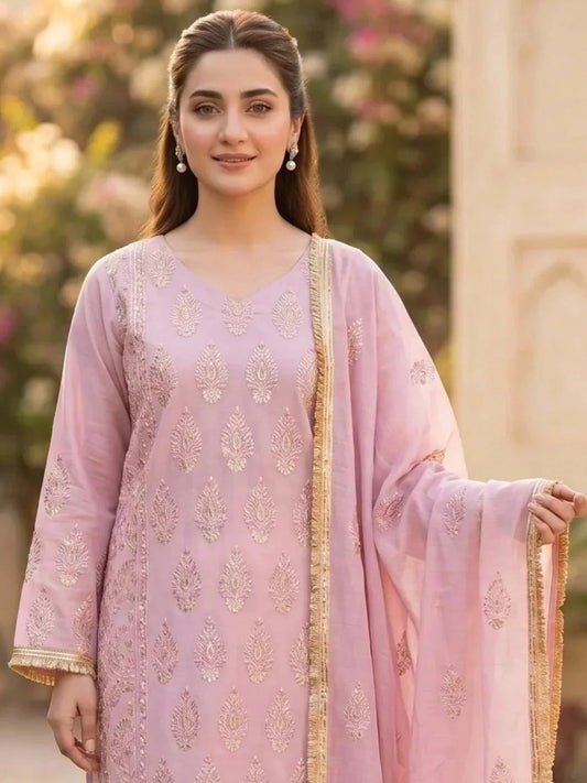 Pink Savarna Khaadi Lawn Embroidered Stitched 3-Piece Suit-Pink