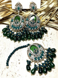Orya Jewellery Maang Tikka Earrings Set-Emerald Green S10