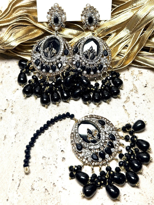 Orya Jewellery Maang Tikka Earrings Set-Black S8