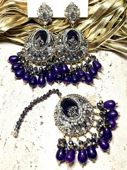 Orya Jewellery Maang Tikka Earrings Set-Purple S9