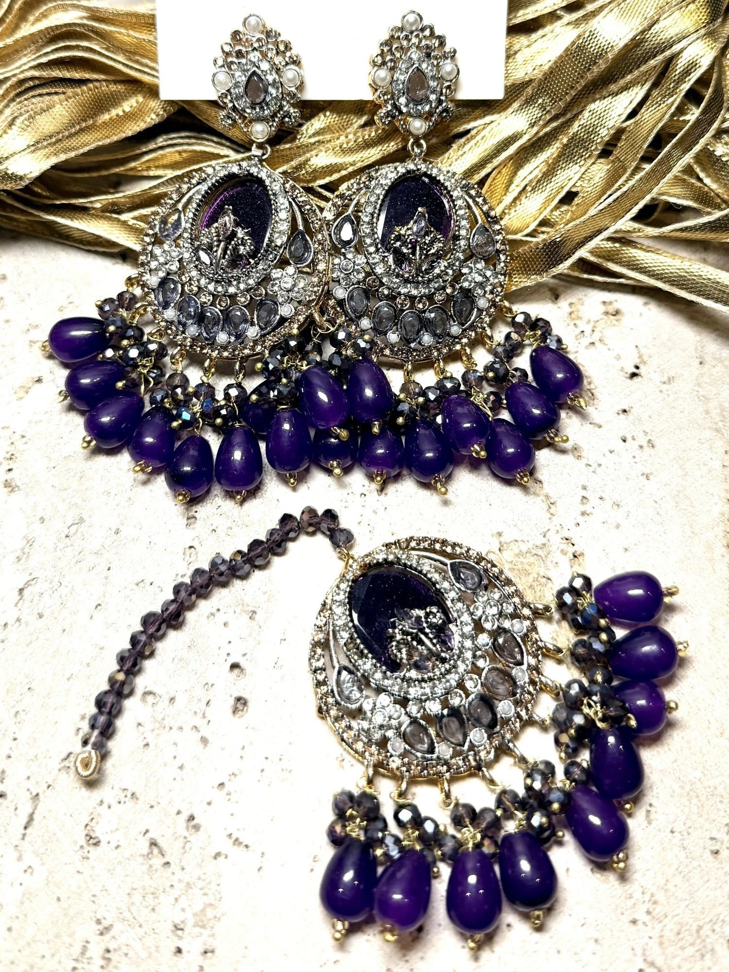 Orya Jewellery Maang Tikka Earrings Set-Purple S9