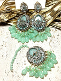 Orya Jewellery Maang Tikka Earrings Set-Jade Green S7