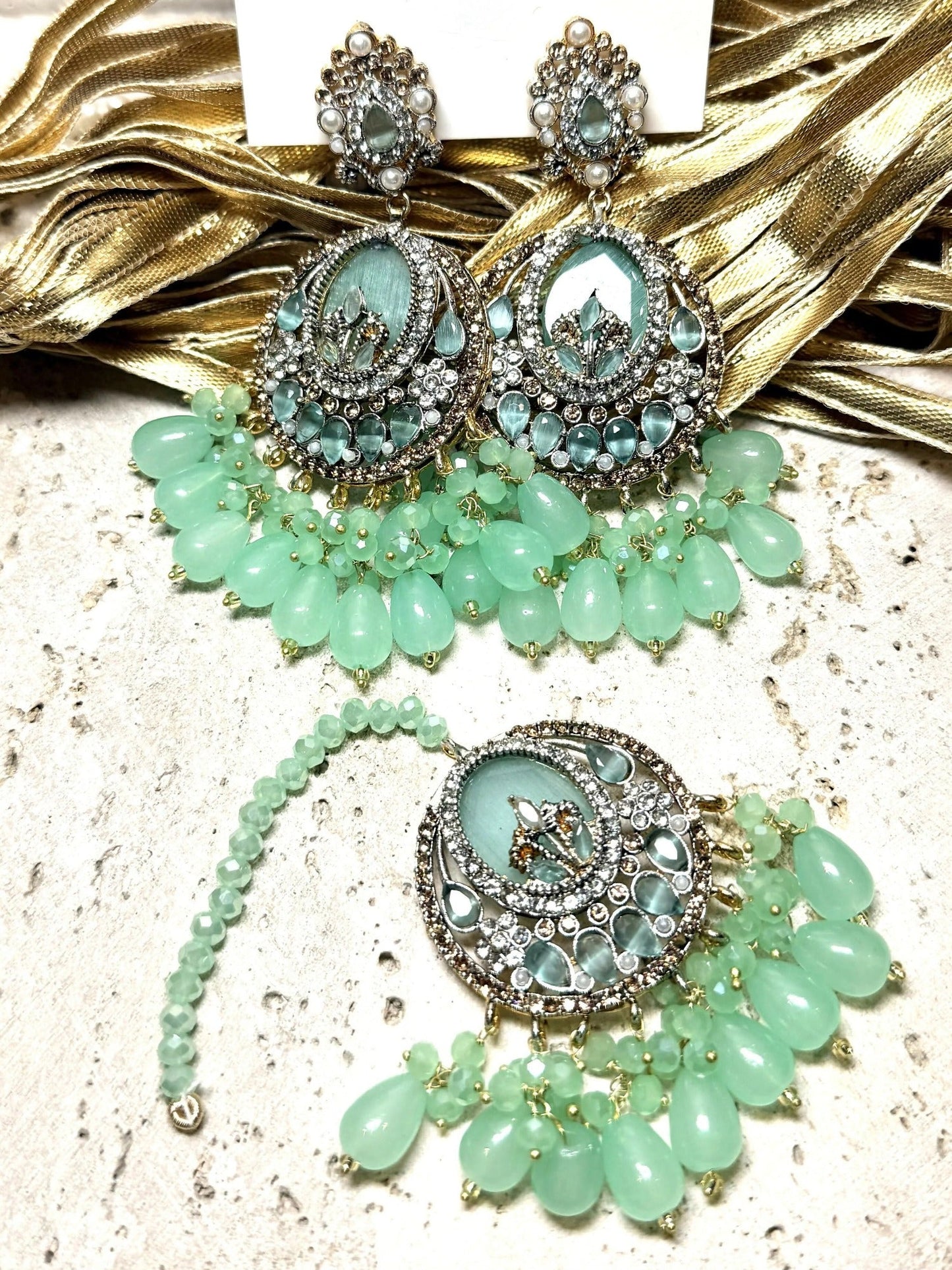 Orya Jewellery Maang Tikka Earrings Set-Jade Green S7
