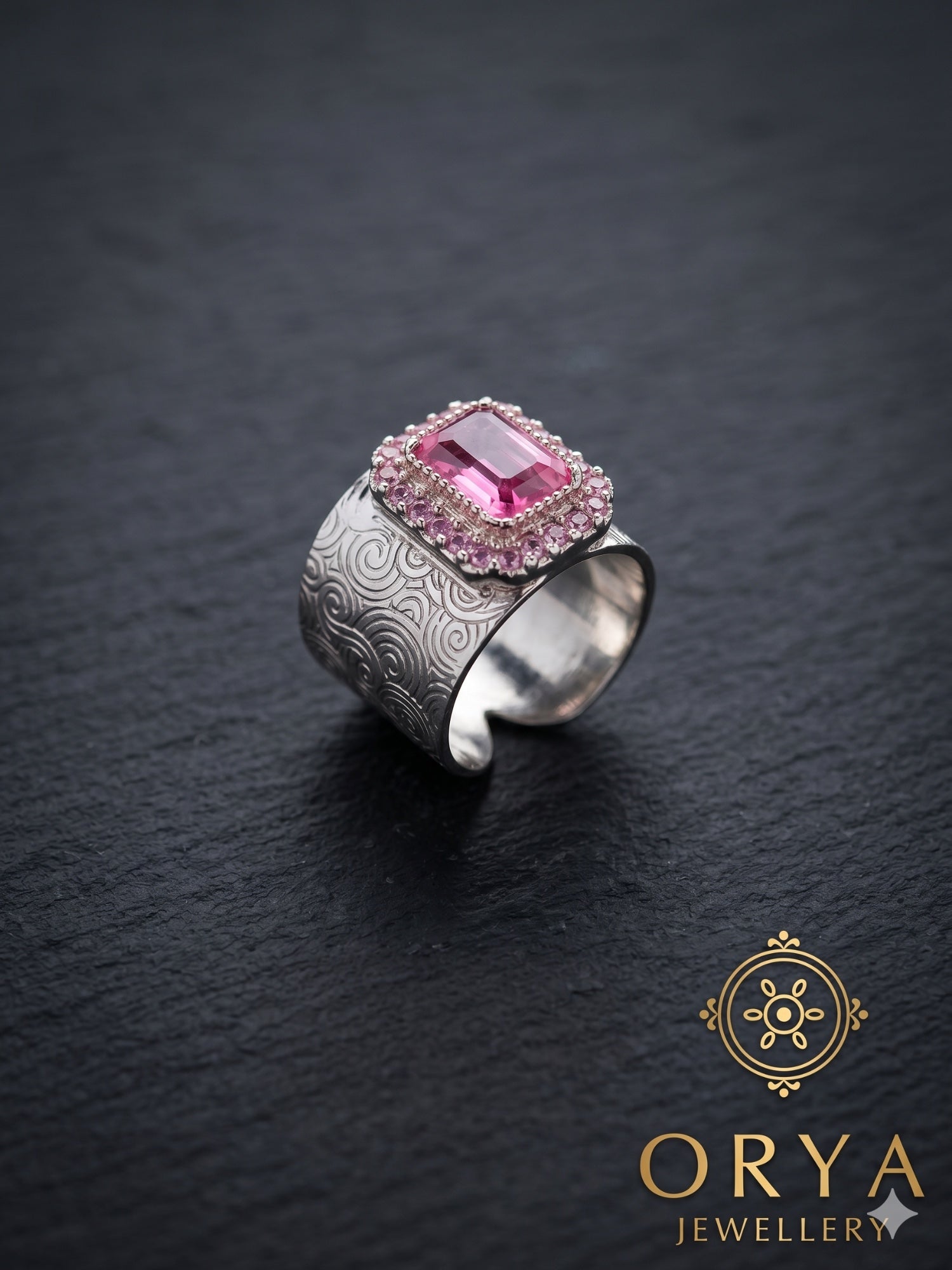 Orya Jewellery Adjustable Engraved Silver Ring-Pink