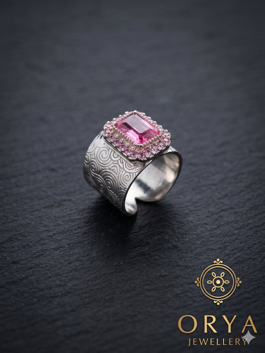 Orya Jewellery Adjustable Engraved Silver Ring-Pink