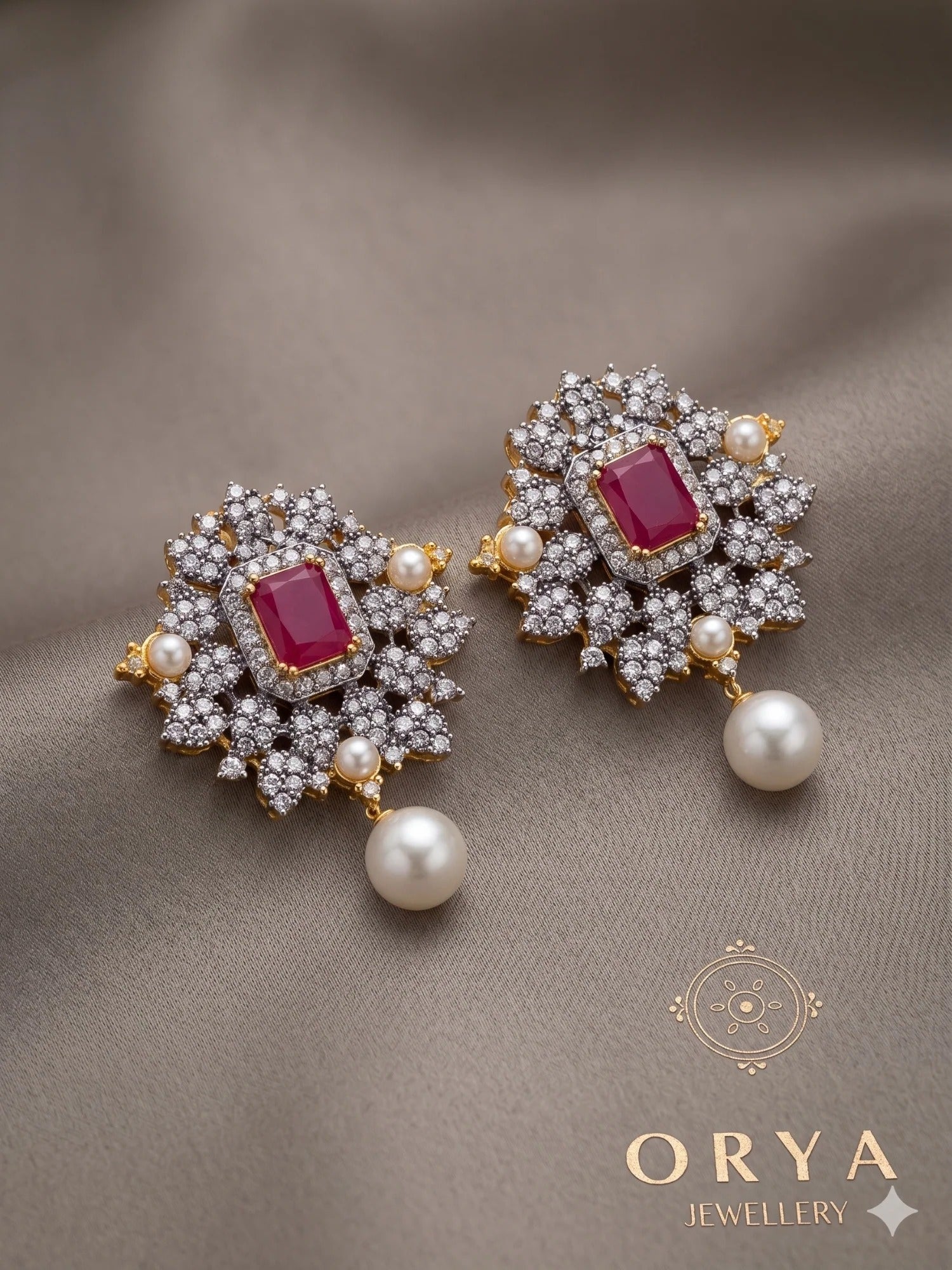 Orya Jewellery Zircon Pearl Stud Earrings-Ruby Pink