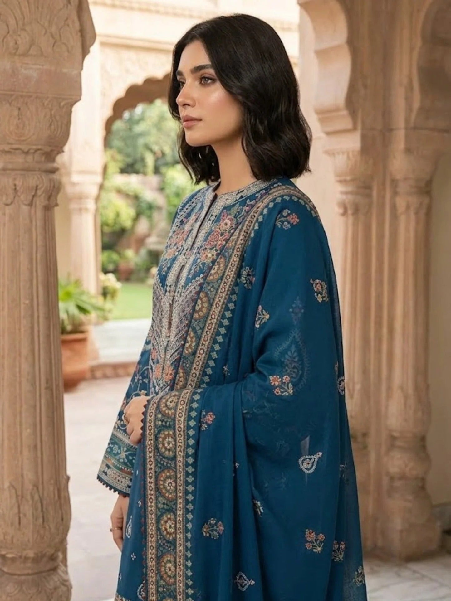 Blue-Pyara Jora Lawn Embroidered Stitched 3-Piece Suit-Dure-Fishan