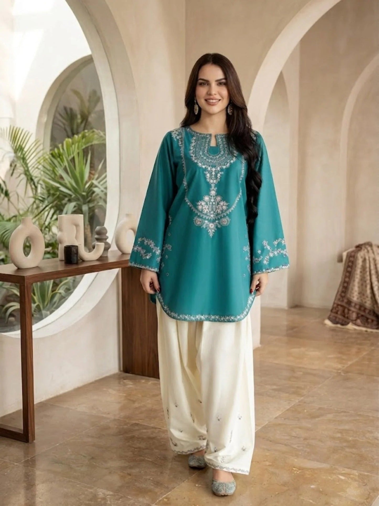 Green and white-Pyara Jora Lawn Embroidered Stitched 2-Piece Suit-Kiran