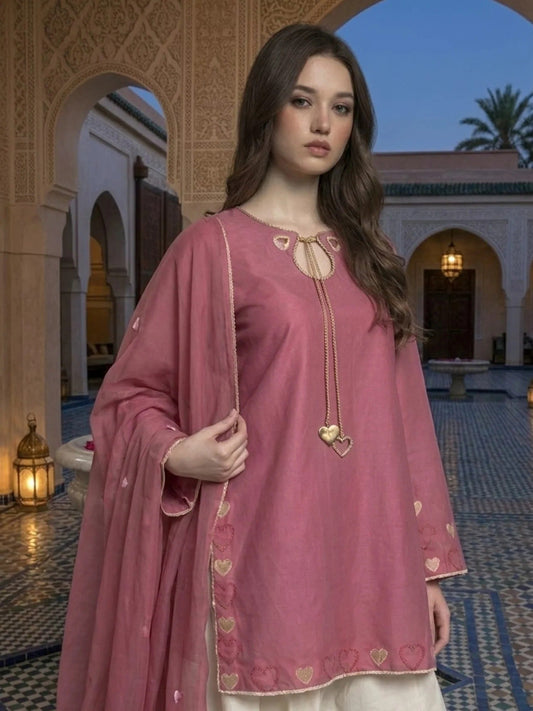 Pyara Jora Lawn Embroidered Stitched 3-Piece Suit-Pinky   