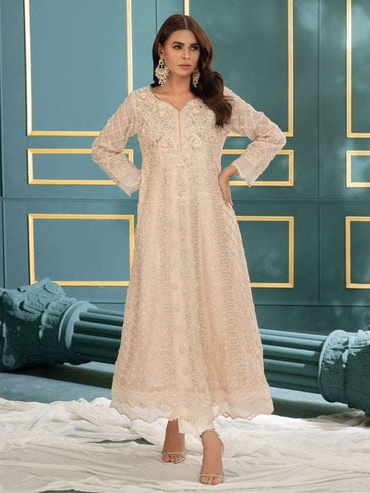 Pink Manahil Arts Khaddi Net Embroidered Stitched 3-Piece Suit-Blushing Breeze