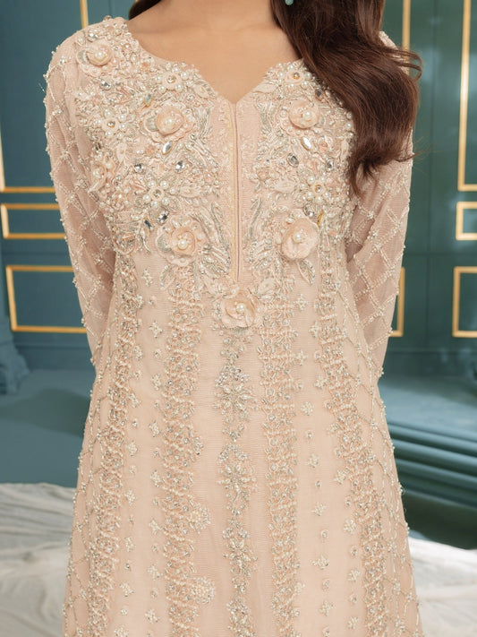 Pink Manahil Arts Khaddi Net Embroidered Stitched 3-Piece Suit-Blushing Breeze