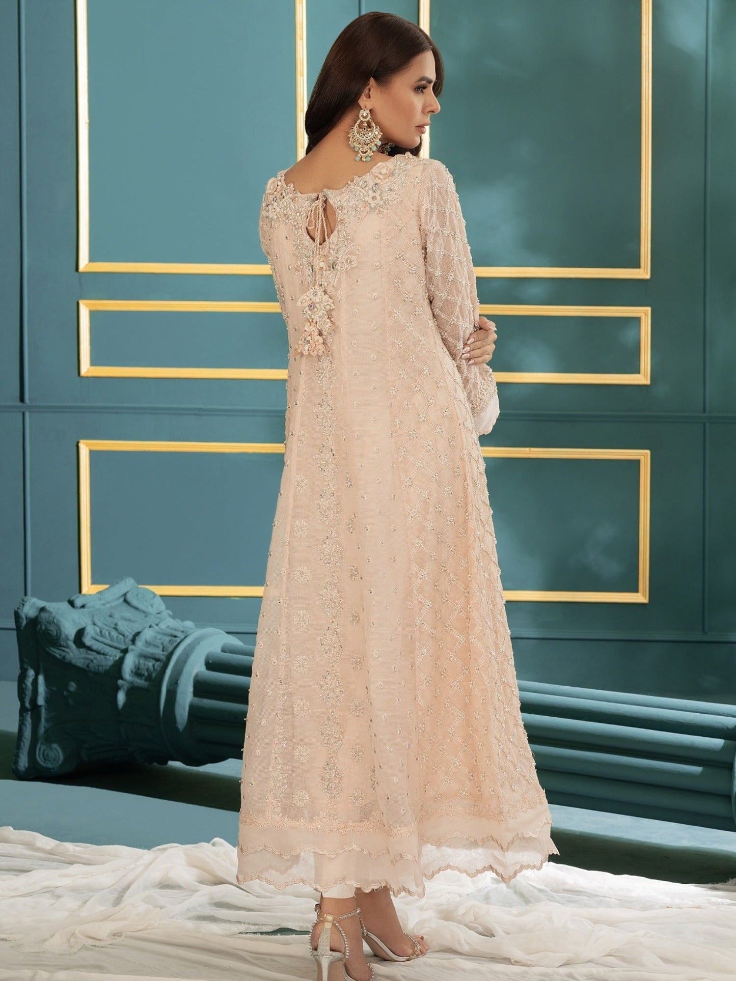 Pink Manahil Arts Khaddi Net Embroidered Stitched 3-Piece Suit-Blushing Breeze
