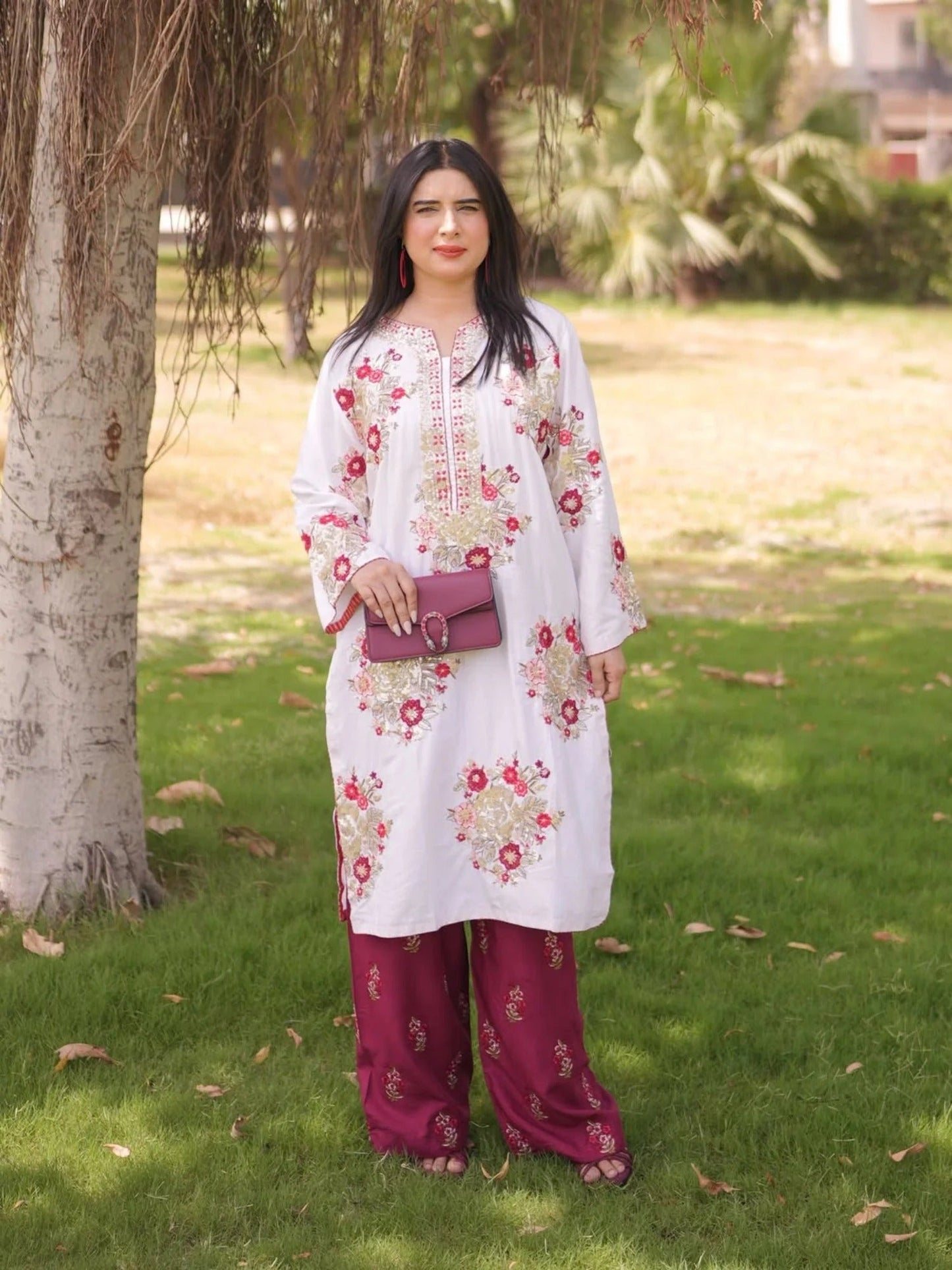 White and maroon-Pyara Jora Linen Embroidered Stitched 2-Piece Suit-Sitara