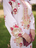 White and maroon-Pyara Jora Linen Embroidered Stitched 2-Piece Suit-Sitara