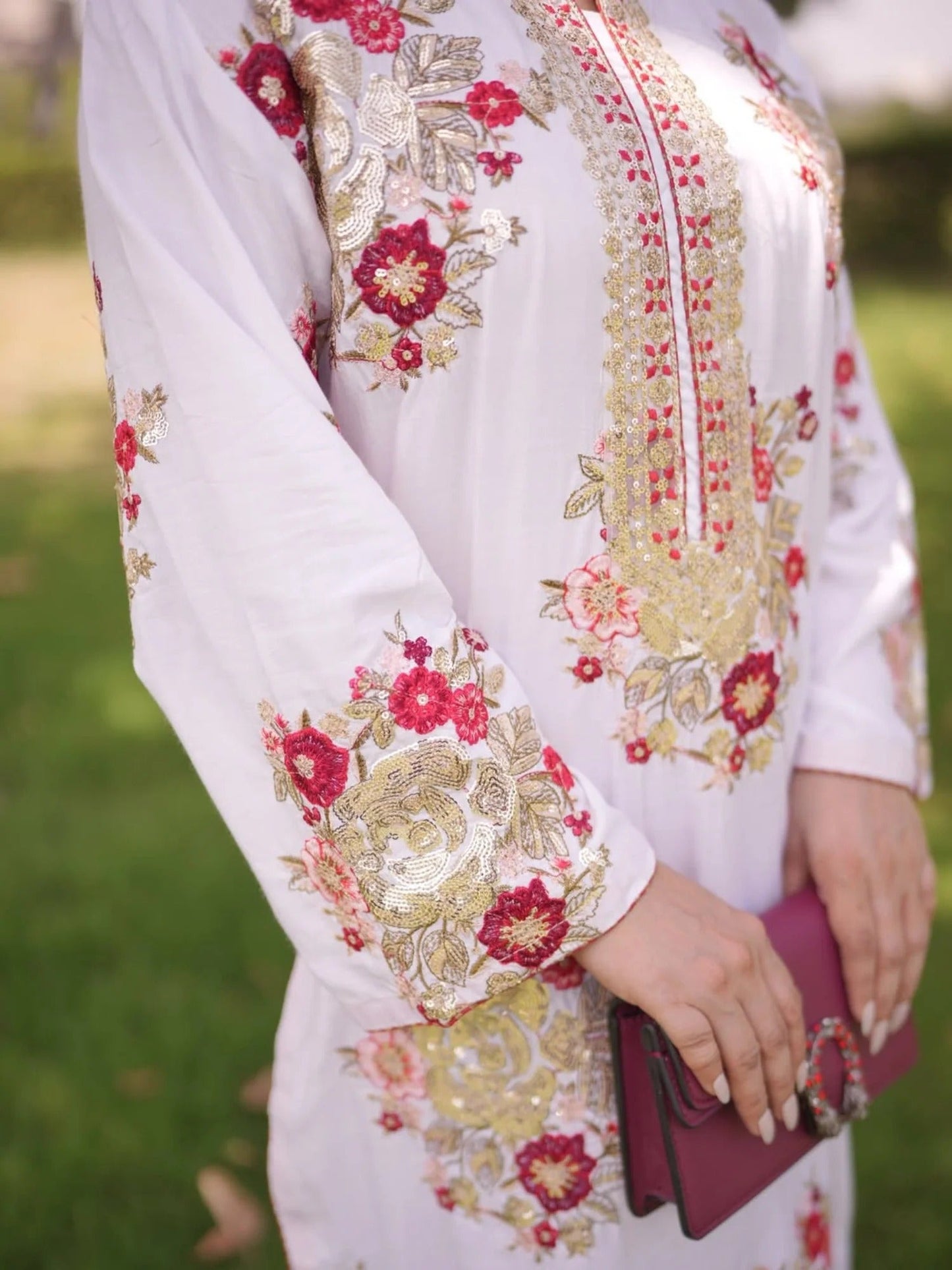 White and maroon-Pyara Jora Linen Embroidered Stitched 2-Piece Suit-Sitara