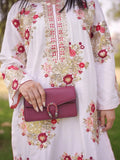 White and maroon-Pyara Jora Linen Embroidered Stitched 2-Piece Suit-Sitara