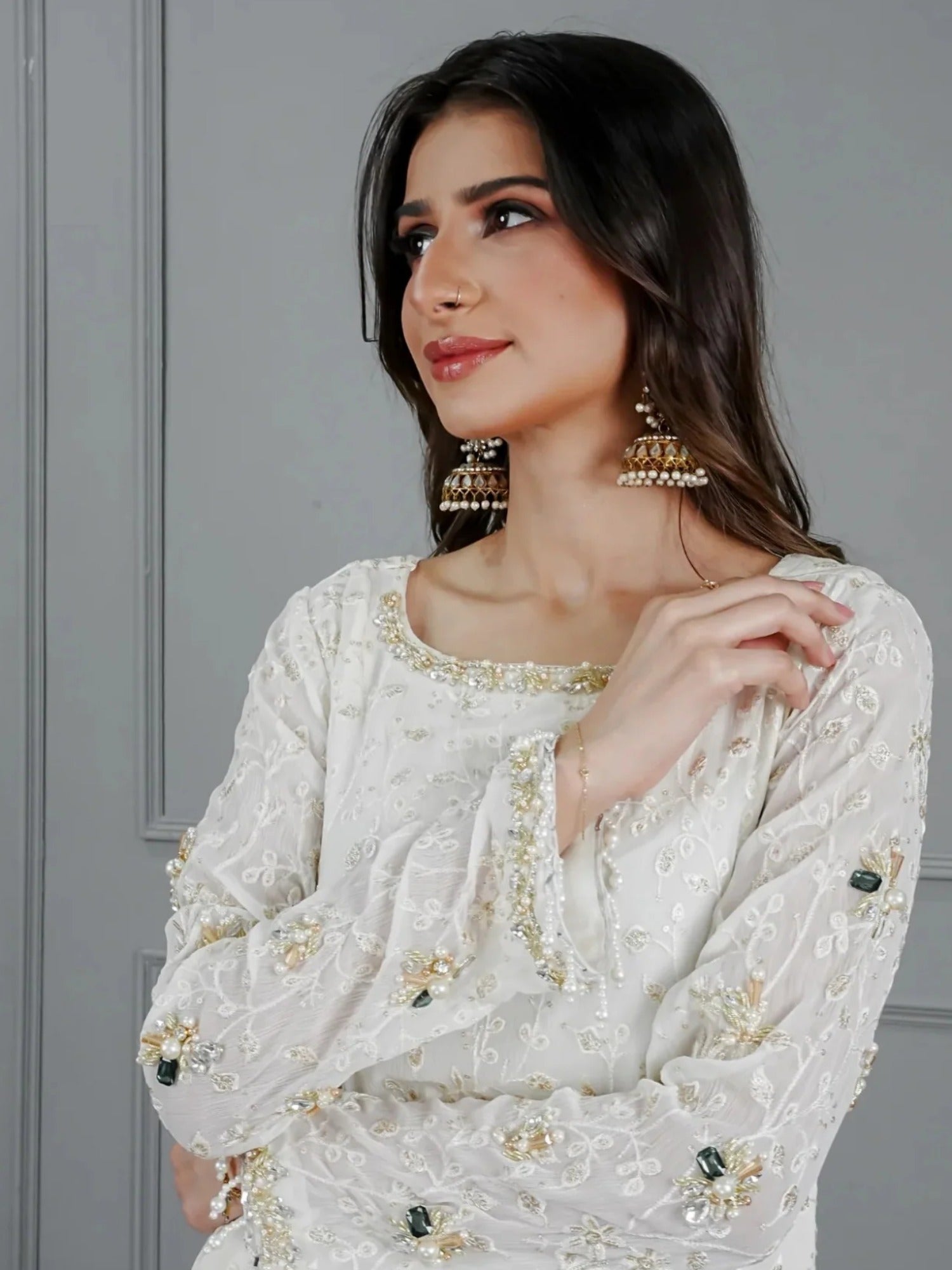 Ivory Manahil Arts Chiffon Embroidered Stitched 3-Piece Suit-Pure Ivory Dreams