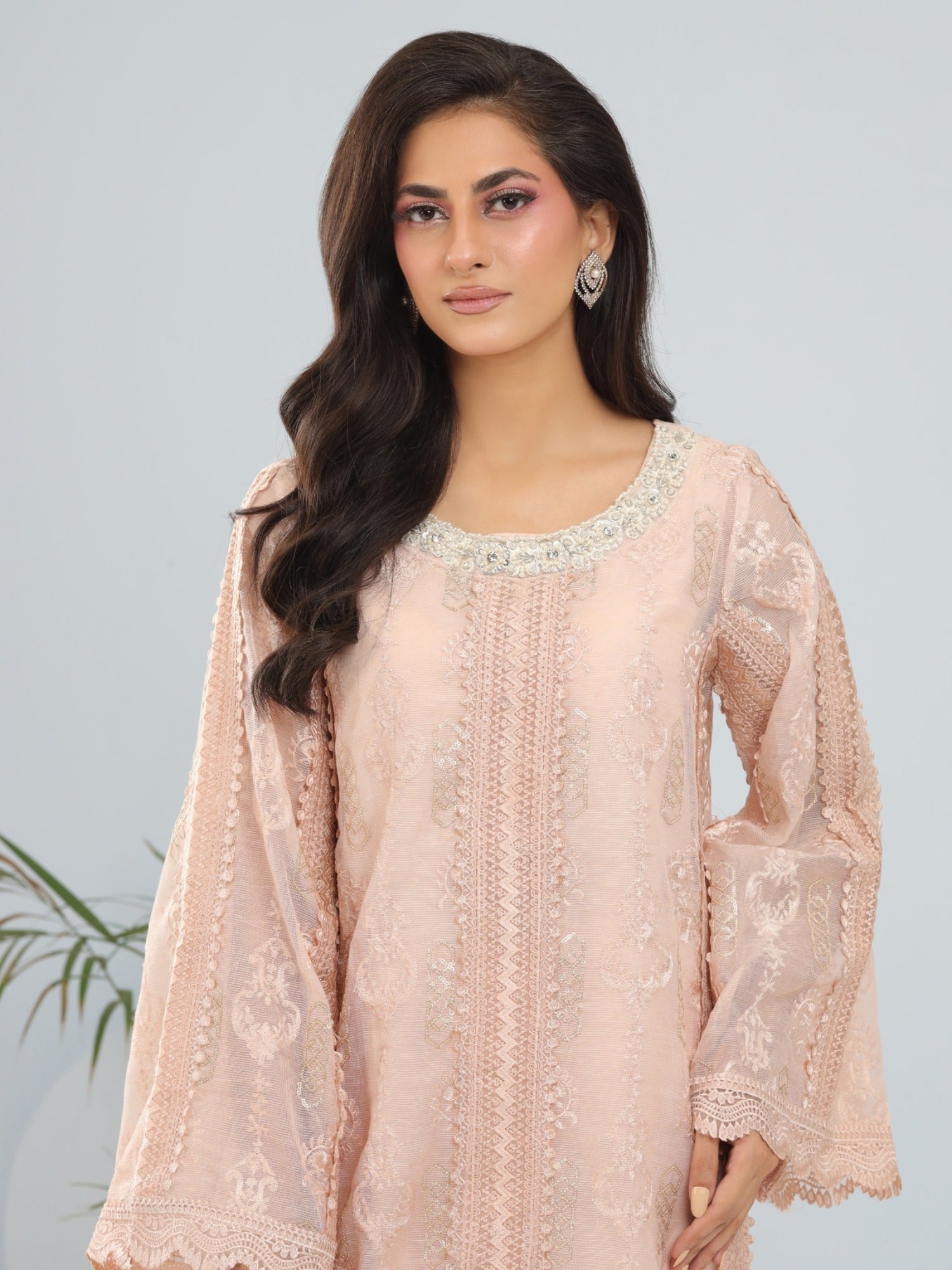 Pink Manahil Arts Khaddi Net Embroidered Stitched 3-Piece Suit-Coral Bliss