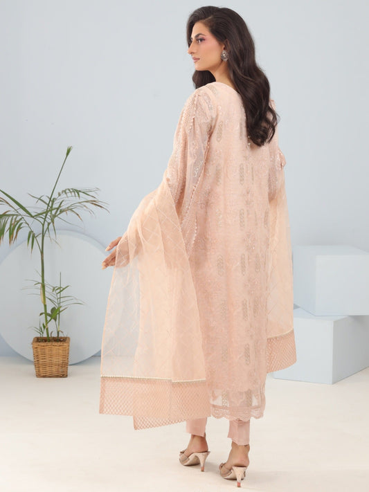 Pink Manahil Arts Khaddi Net Embroidered Stitched 3-Piece Suit-Coral Bliss