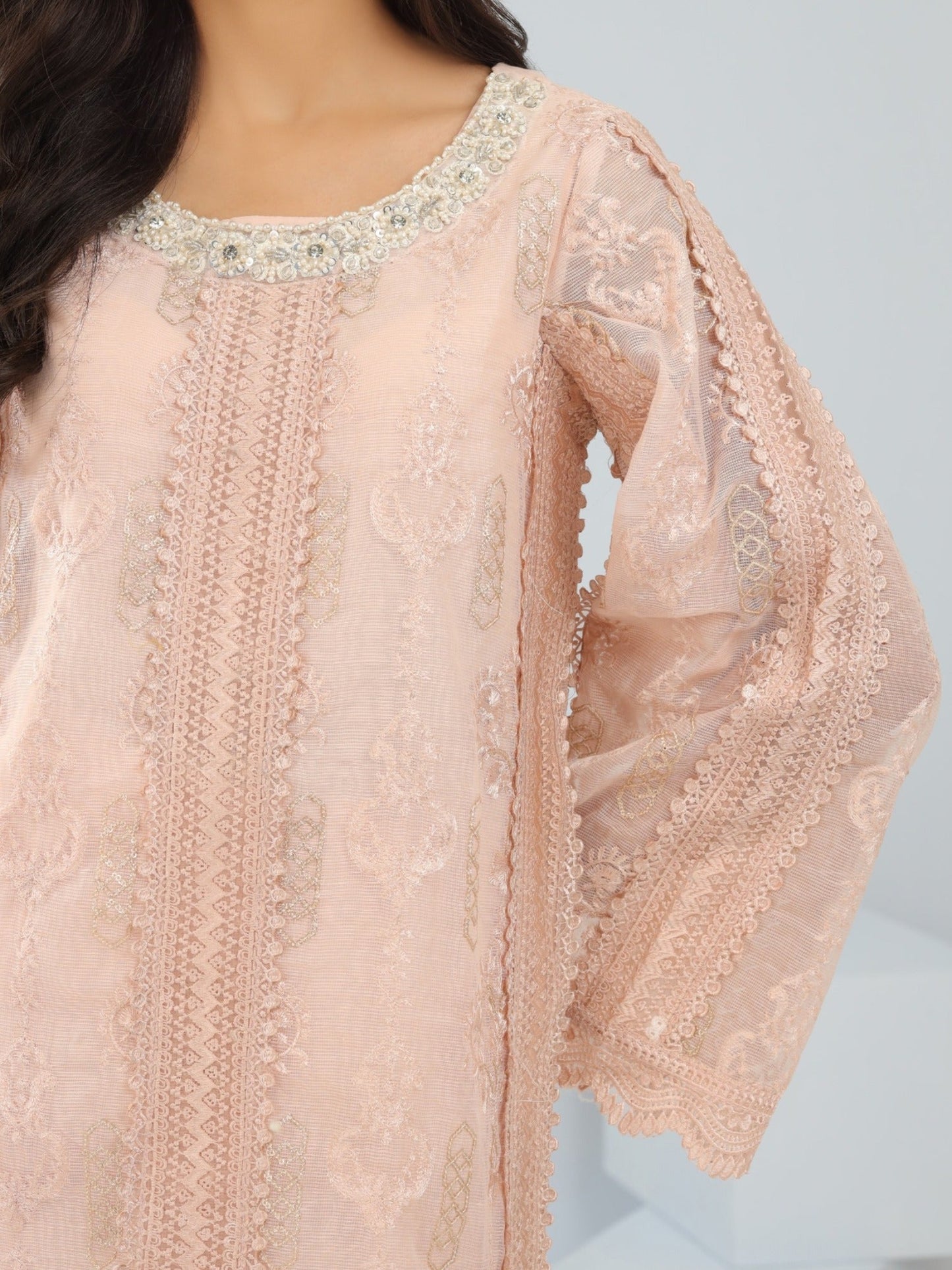 Pink Manahil Arts Khaddi Net Embroidered Stitched 3-Piece Suit-Coral Bliss