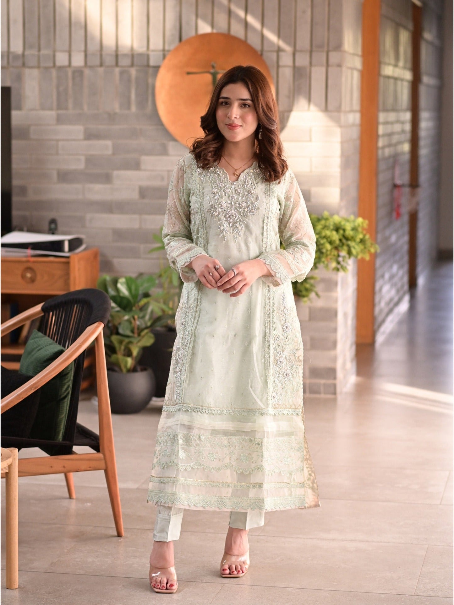 Mint Green Manahil Arts Khaddi Net Embellished Stitched 3-Piece Suit-Verde Elegencia