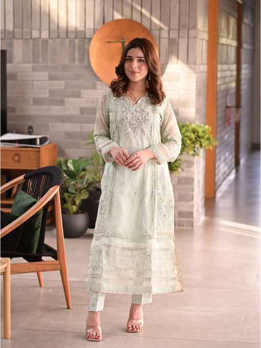 Mint Green Manahil Arts Khaddi Net Embellished Stitched 3-Piece Suit-Verde Elegencia