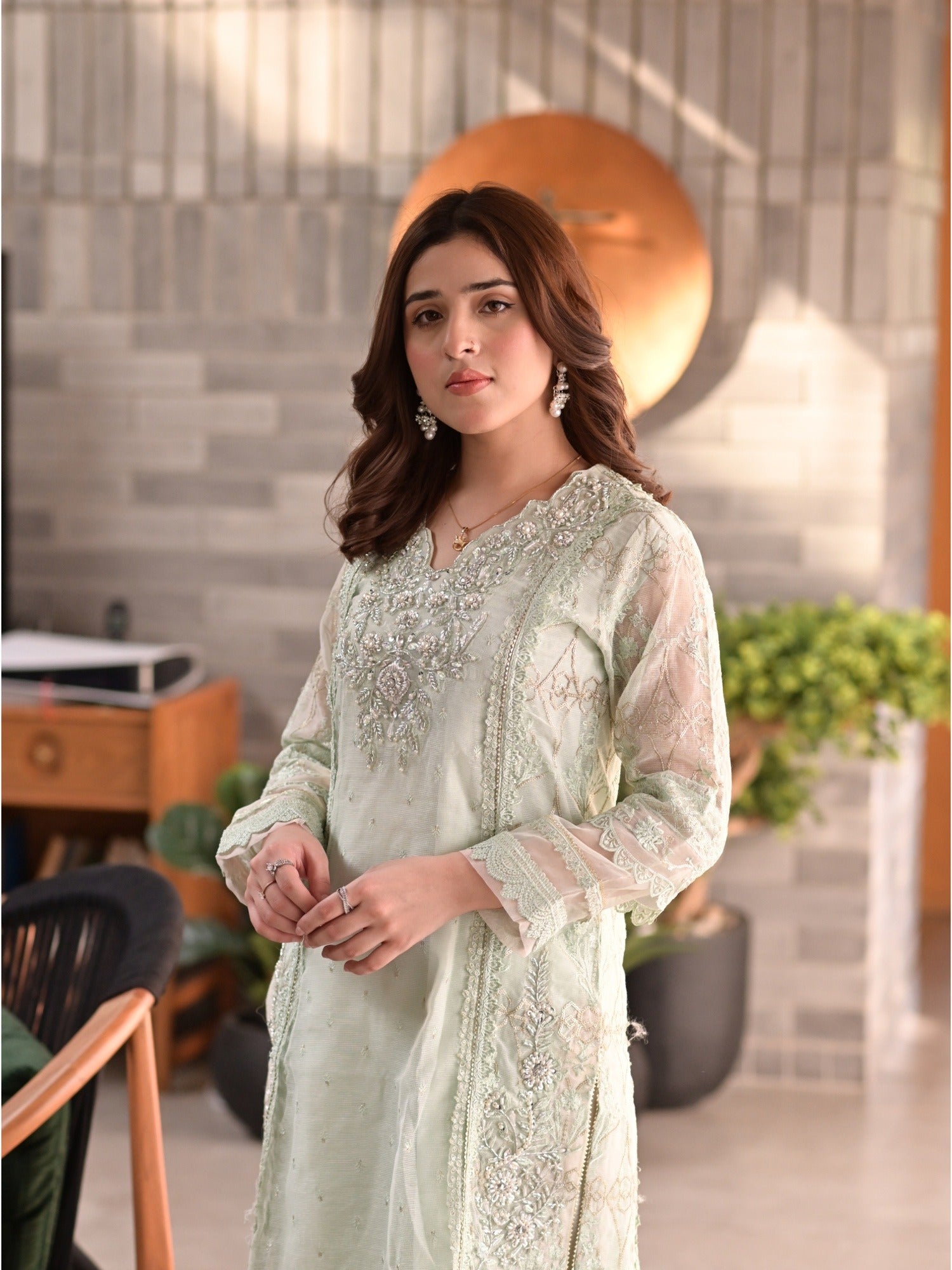 Mint Green Manahil Arts Khaddi Net Embellished Stitched 3-Piece Suit-Verde Elegencia