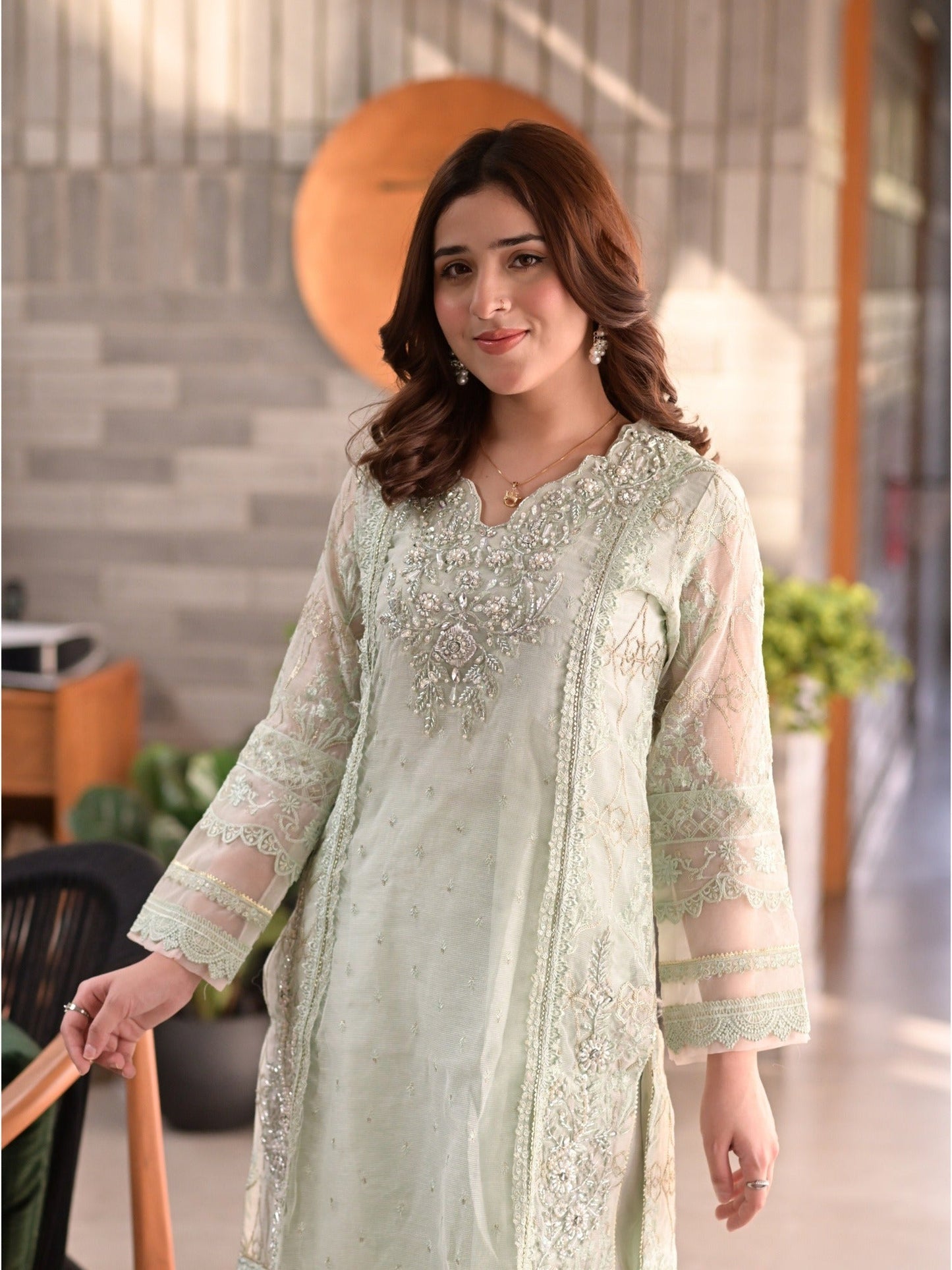 Mint Green Manahil Arts Khaddi Net Embellished Stitched 3-Piece Suit-Verde Elegencia