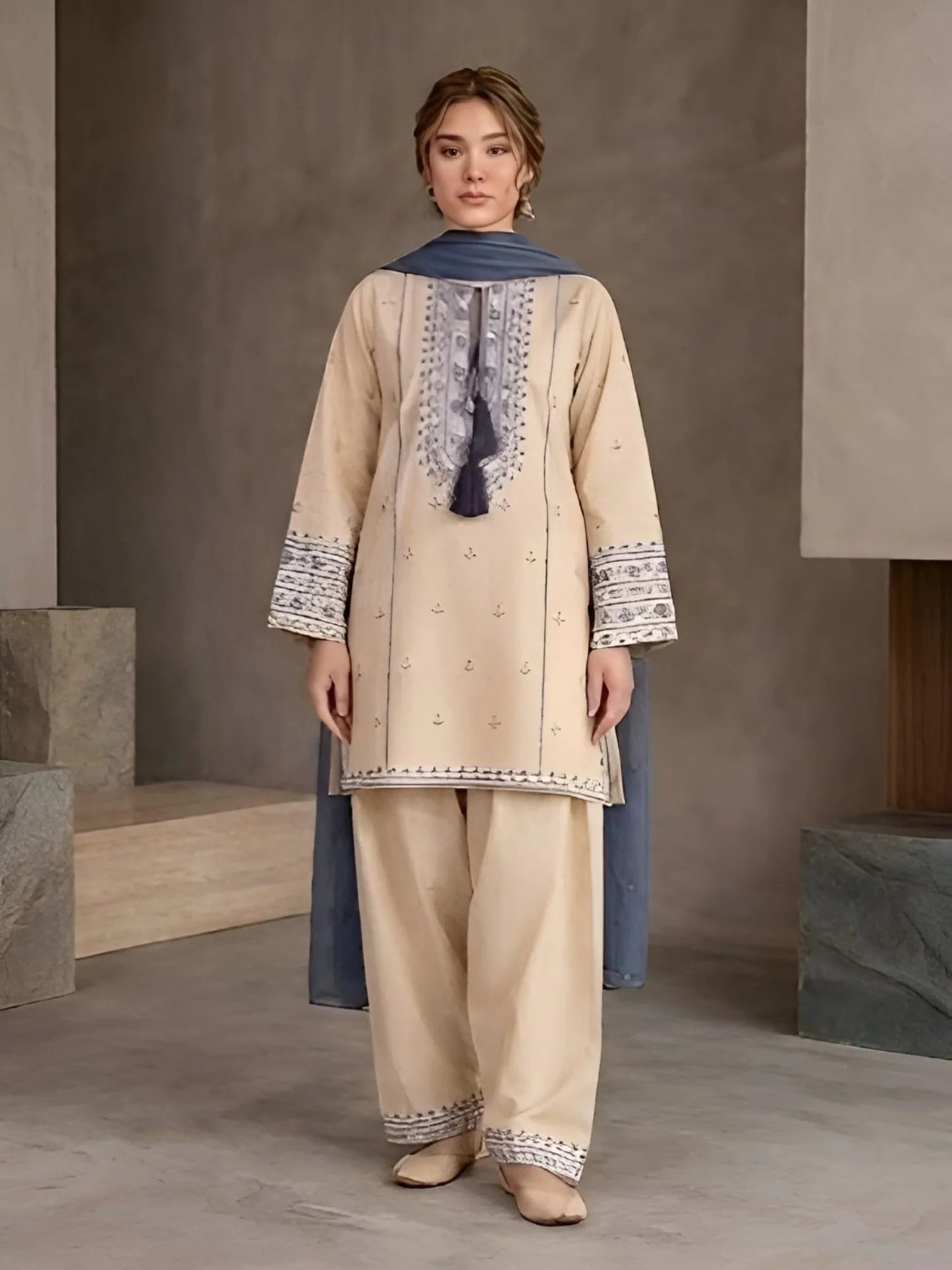 Beige and Blue-Pyara Jora Lawn Embroidered Stitched 3-Piece Suit-Sajjal