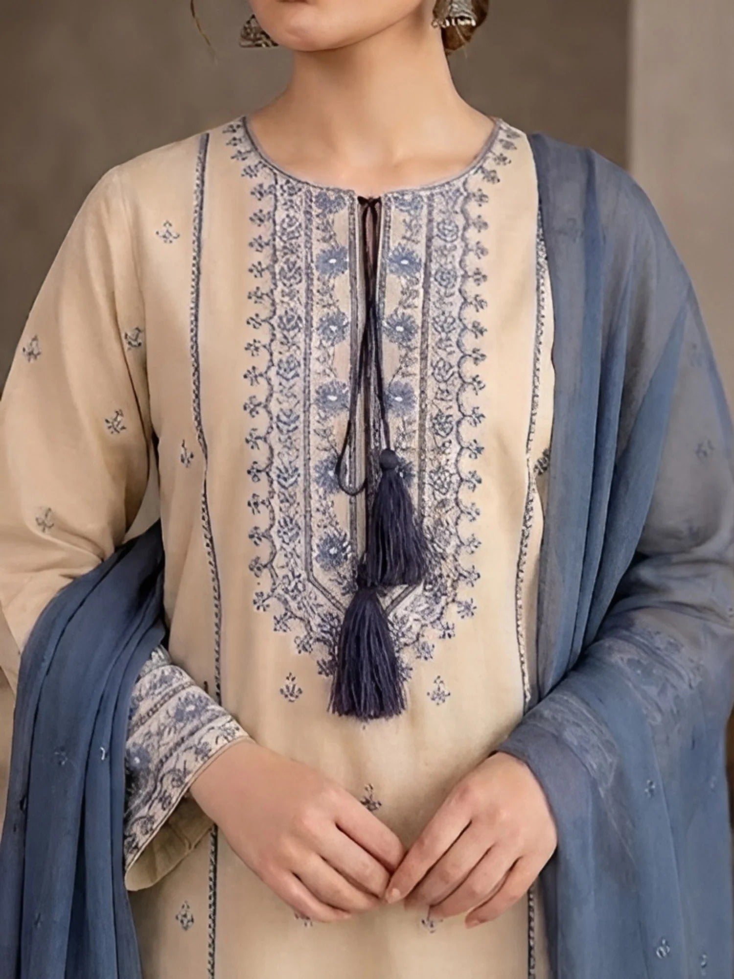 Beige and Blue-Pyara Jora Lawn Embroidered Stitched 3-Piece Suit-Sajjal