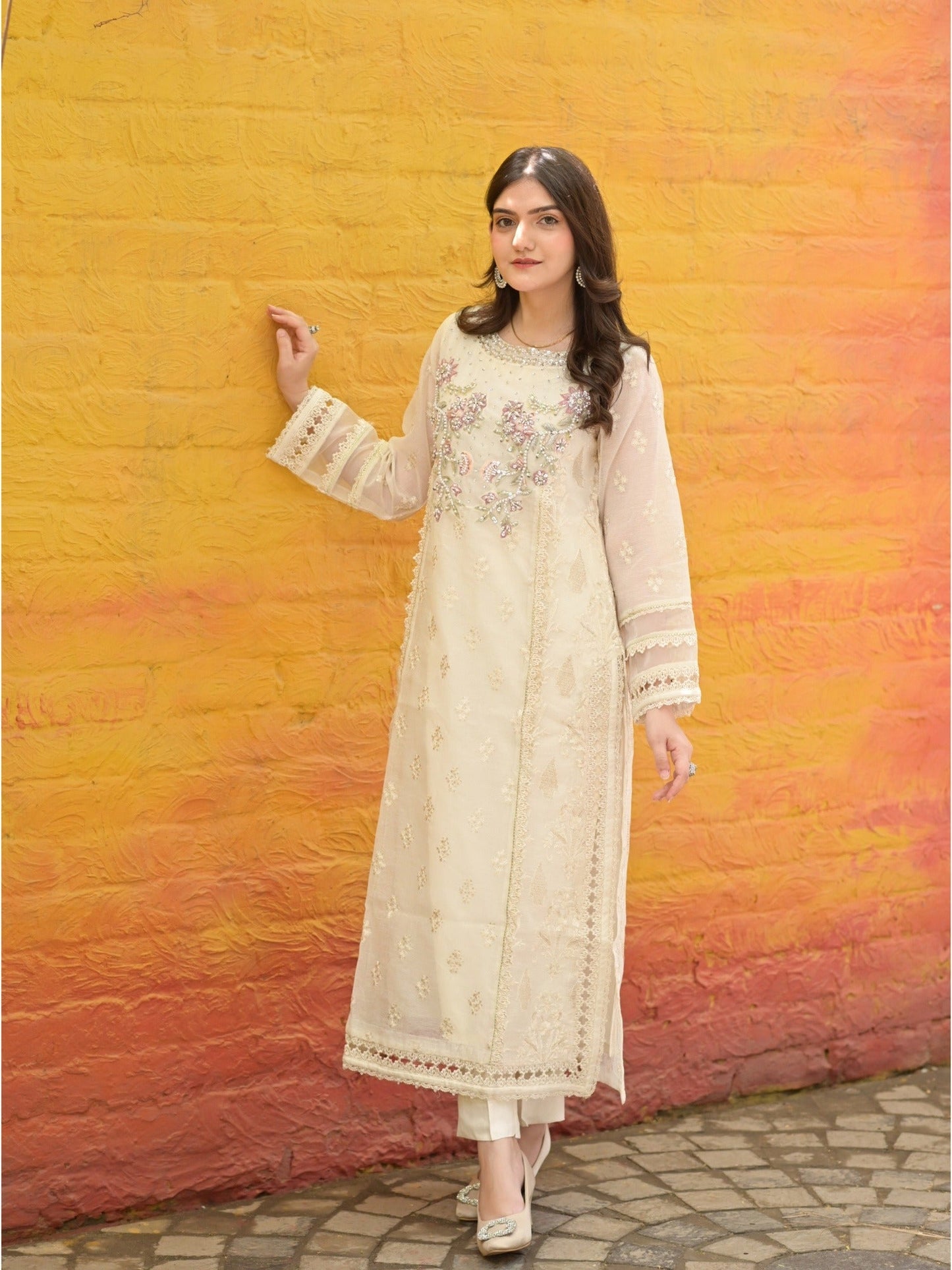 Ivory Manahil Arts Khaddi Net Embroidered Stitched 3-Piece Suit-Ivory Whisper