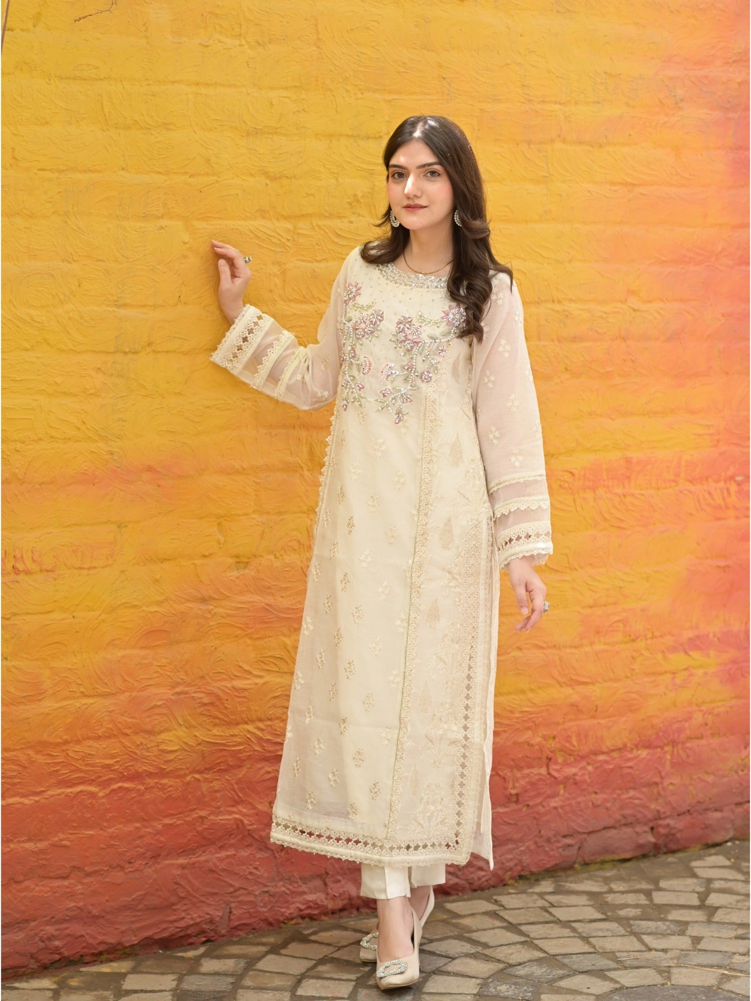 Ivory Manahil Arts Khaddi Net Embroidered Stitched 3-Piece Suit-Ivory Whisper