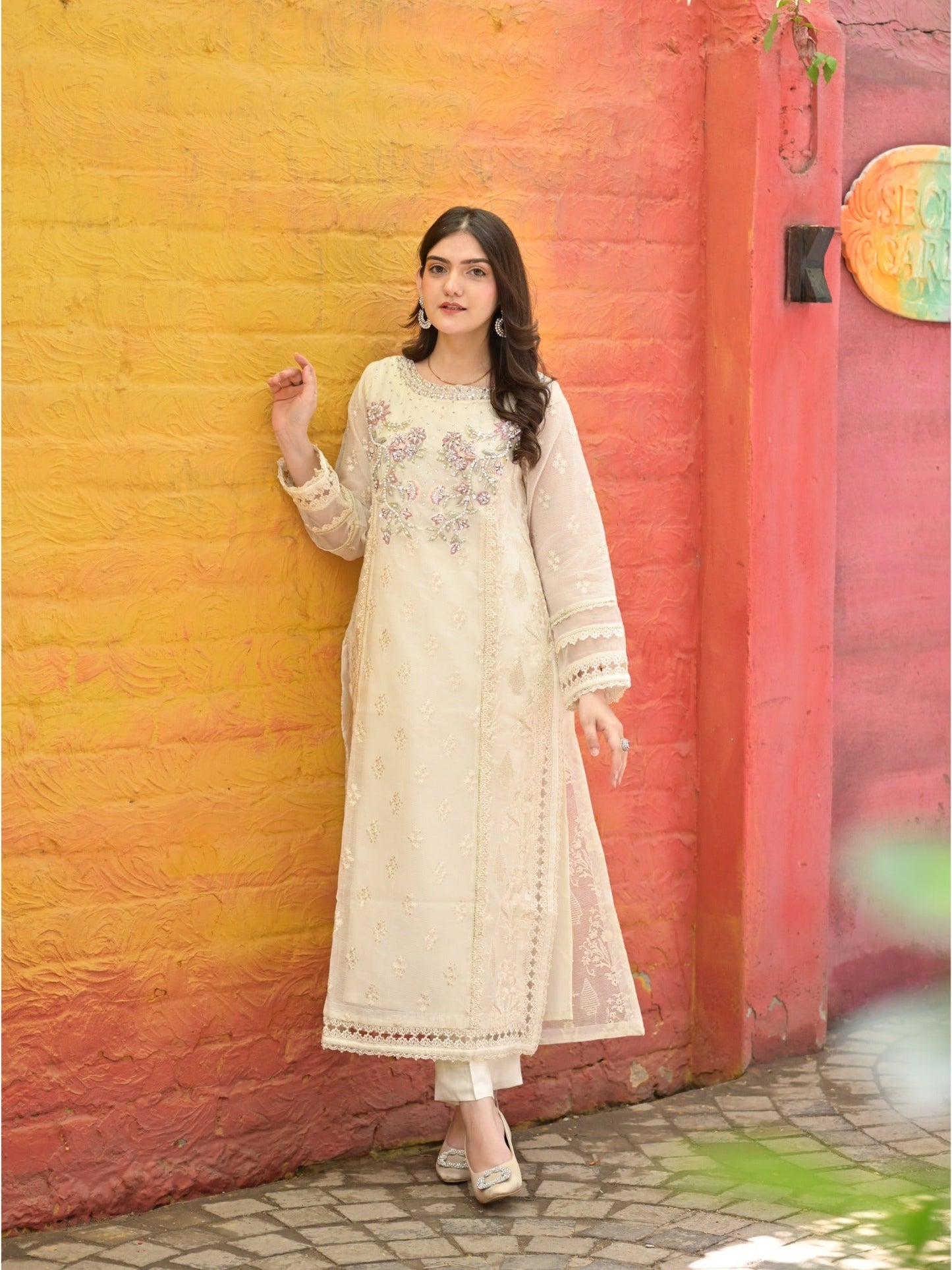 Ivory Manahil Arts Khaddi Net Embroidered Stitched 3-Piece Suit-Ivory Whisper