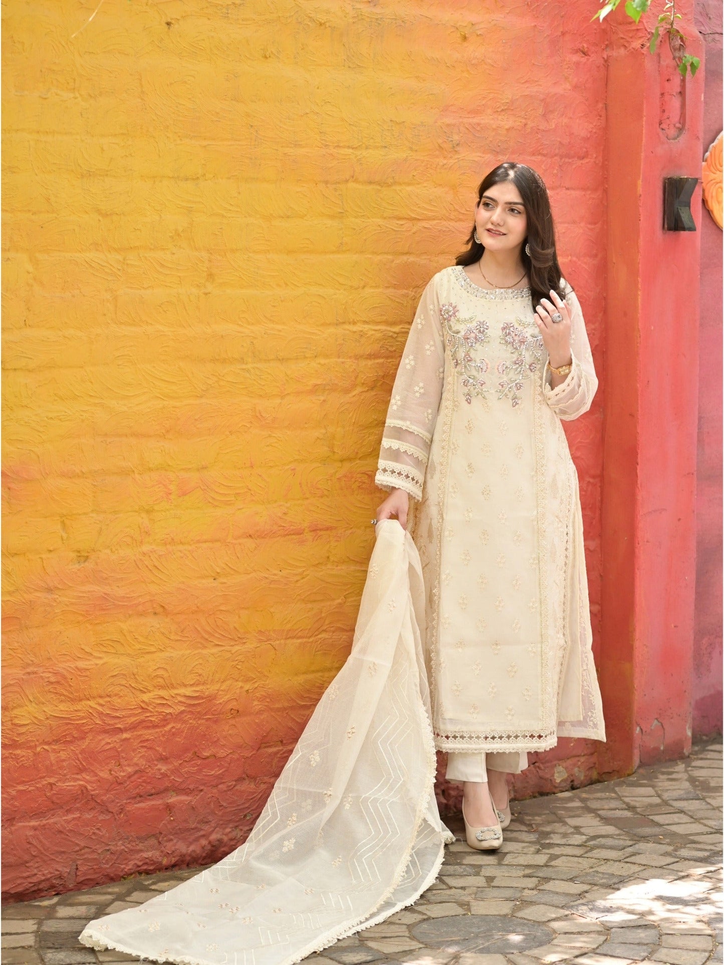 Ivory Manahil Arts Khaddi Net Embroidered Stitched 3-Piece Suit-Ivory Whisper
