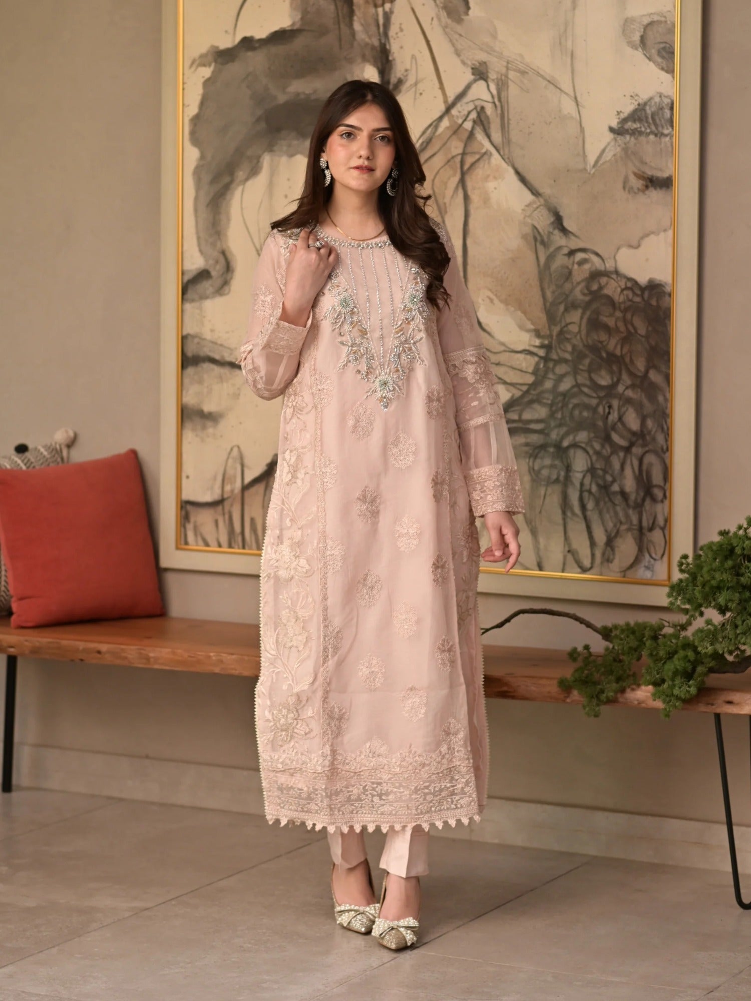 Pink Manahil Arts Khaddi Net Embellished Stitched 3-Piece Suit-Ornate Grace