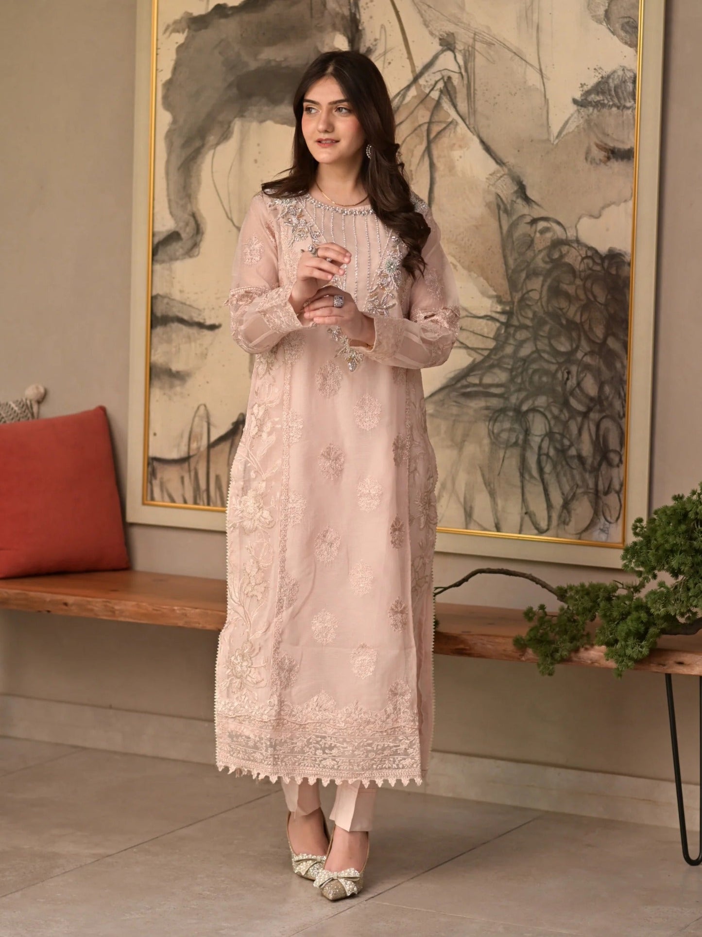 Pink Manahil Arts Khaddi Net Embellished Stitched 3-Piece Suit-Ornate Grace