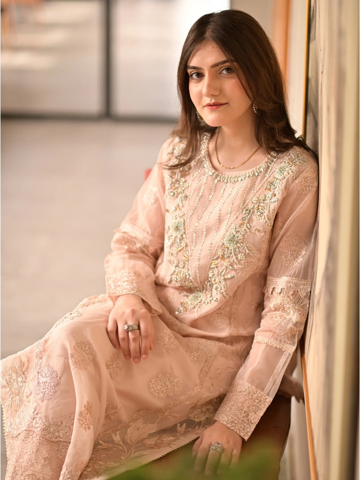 Pink Manahil Arts Khaddi Net Embellished Stitched 3-Piece Suit-Ornate Grace