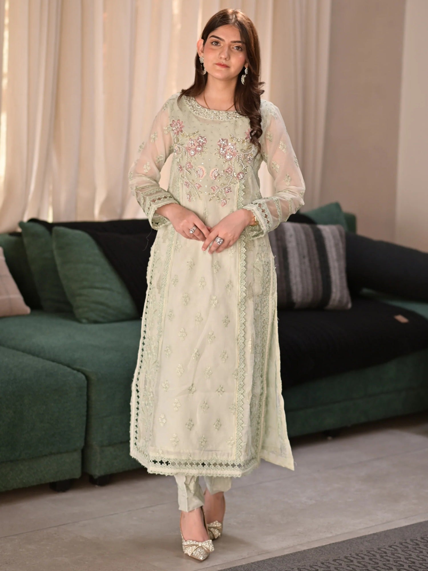 Mint Green Manahil Arts Khaddi Net Embellished Stitched 3-Piece Suit-Mint Mirage