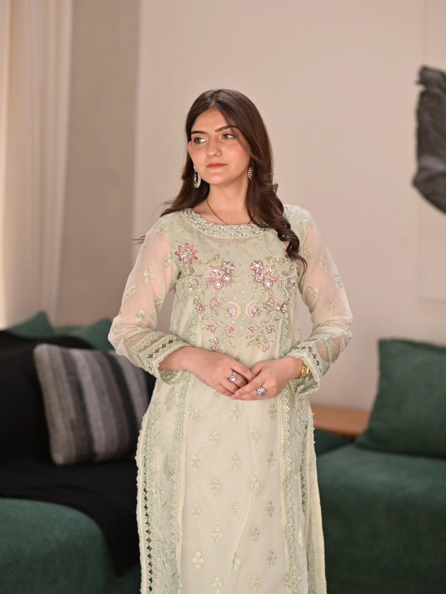 Mint Green Manahil Arts Khaddi Net Embellished Stitched 3-Piece Suit-Mint Mirage
