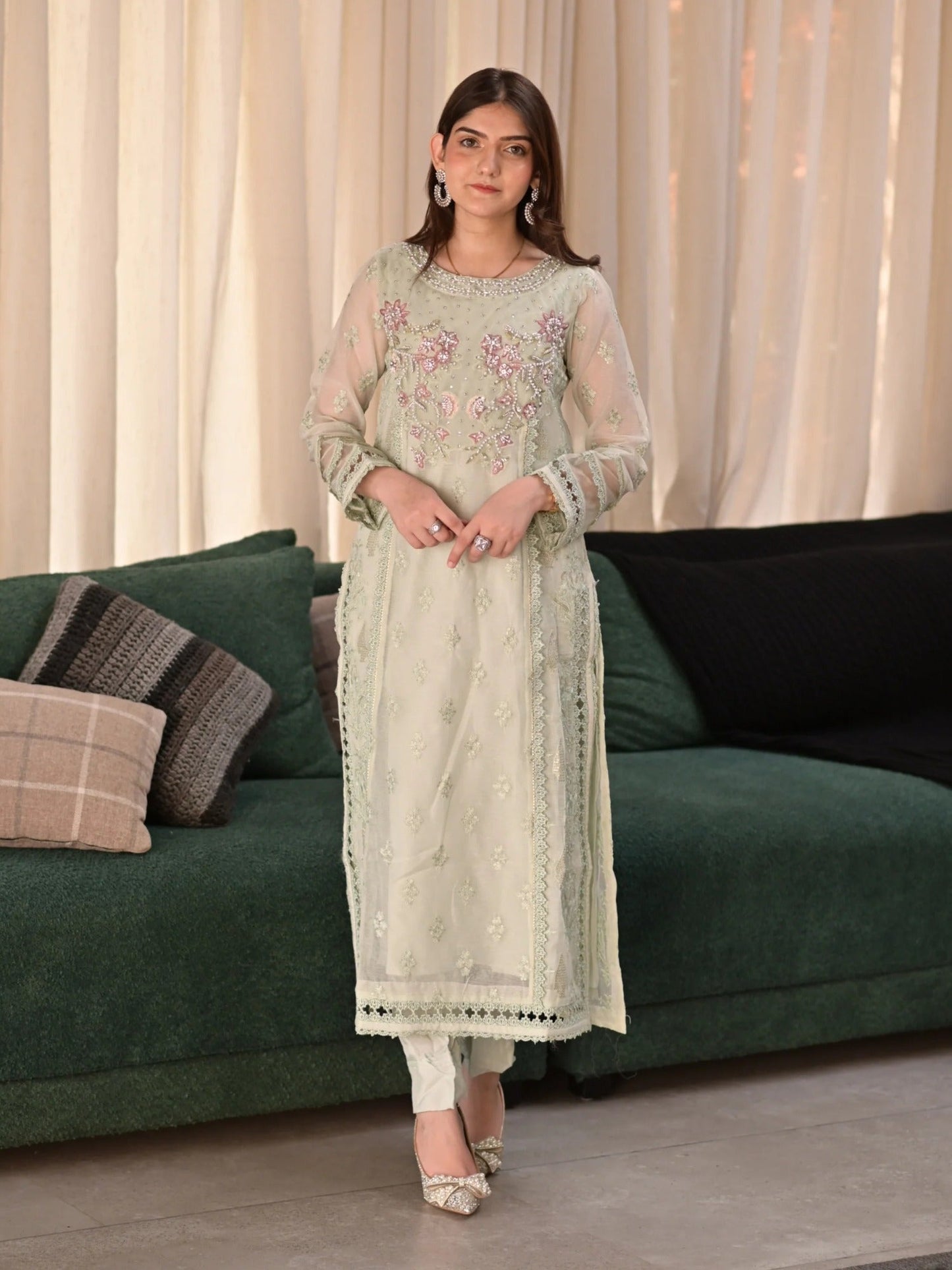 Mint Green Manahil Arts Khaddi Net Embellished Stitched 3-Piece Suit-Mint Mirage