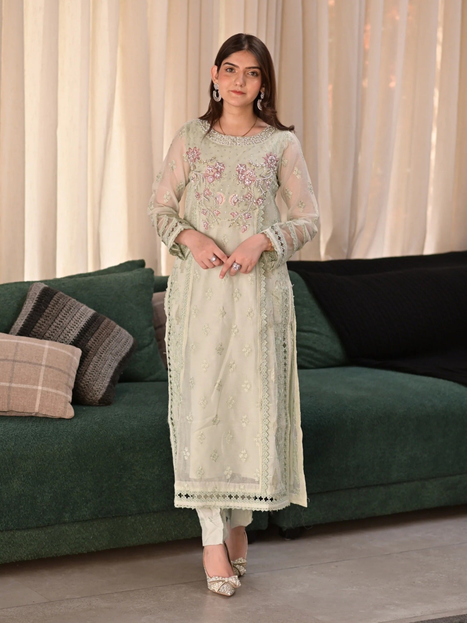 Mint Green Manahil Arts Khaddi Net Embellished Stitched 3-Piece Suit-Mint Mirage