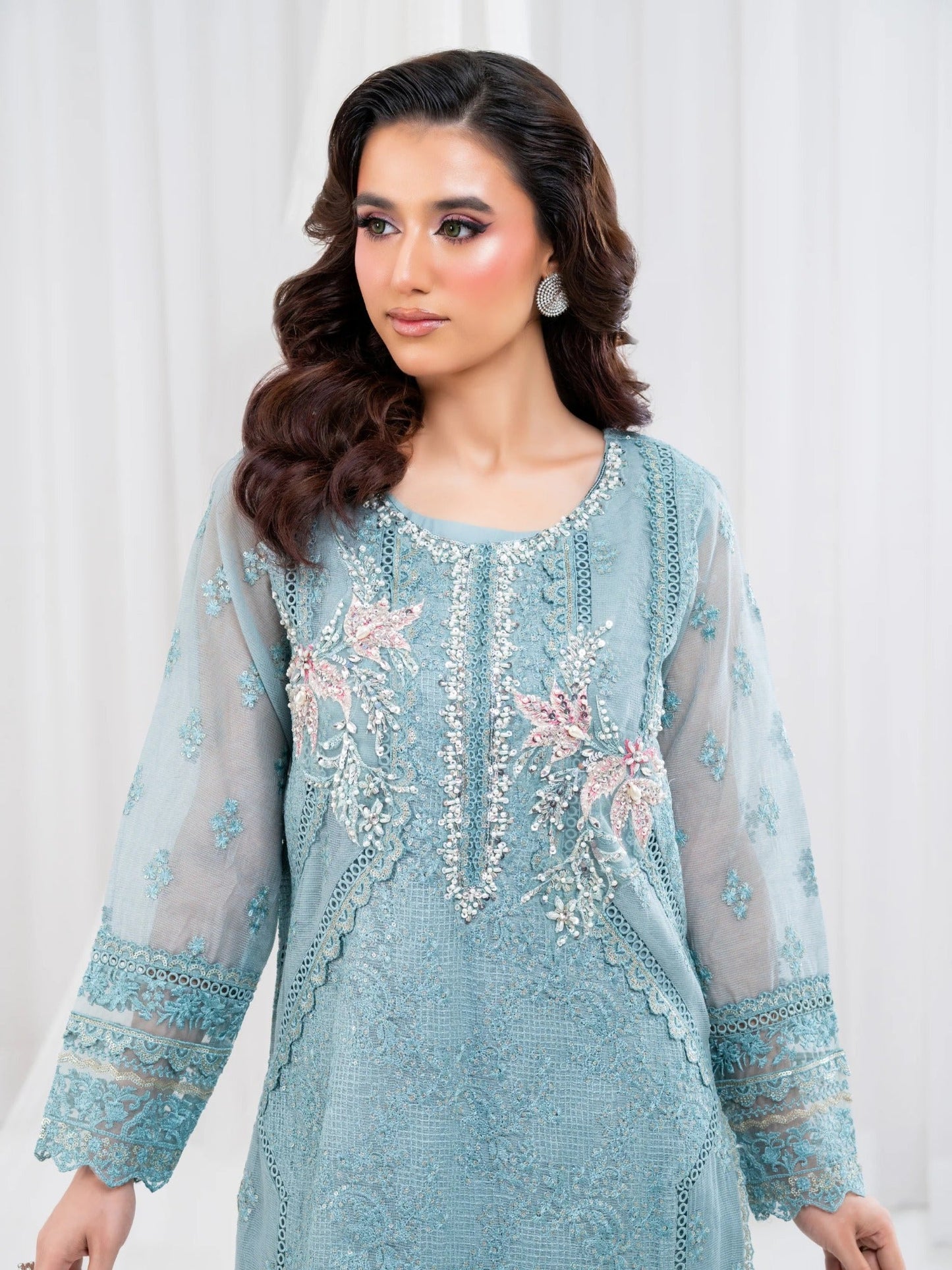 Blue Manahil Arts Khaddi Net Embellished Stitched 3-Piece Suit-Aqua Opulence